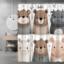 Cute Bear and Hippo Shower Curtain, Boho Animal Print
