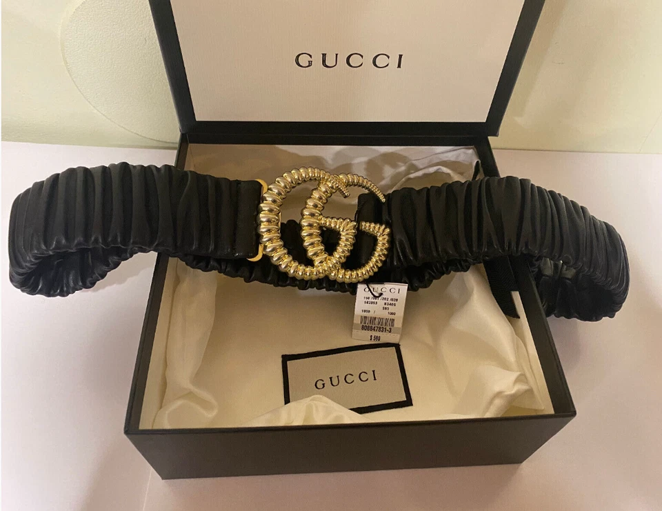 GG BlackGUCCl Stretchy Leather Belt Gold Logo Authentic - Image 2 of 3