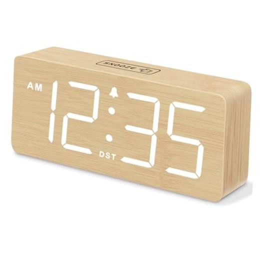 Wooden Digital Alarm Clock for Bedroom - Desk Clocks Bamboo-white (Plug-in)