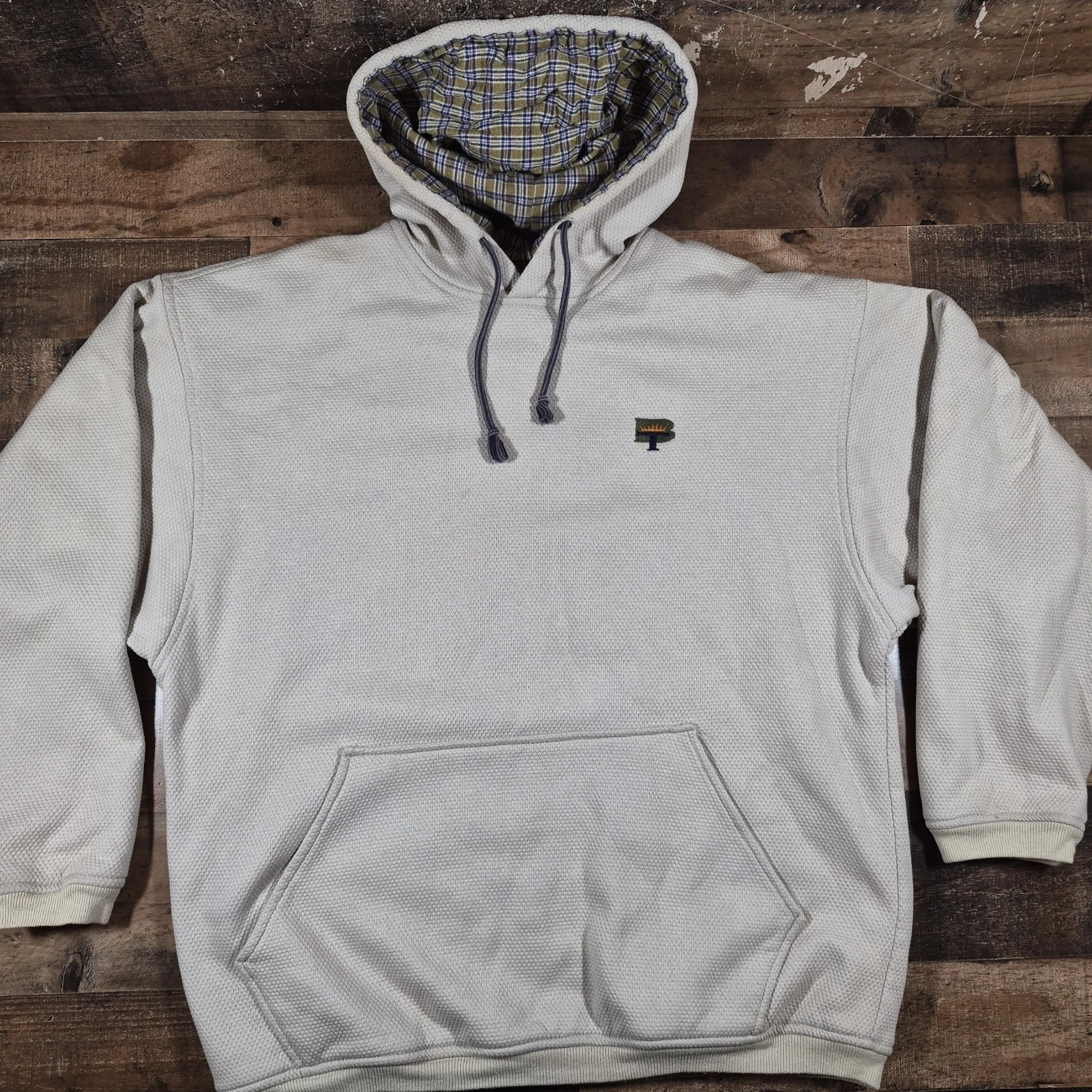 Vintage Biotribe Hoodie Sweatshirt Large Beige Waffle Knit 90s USA Plaid Lined