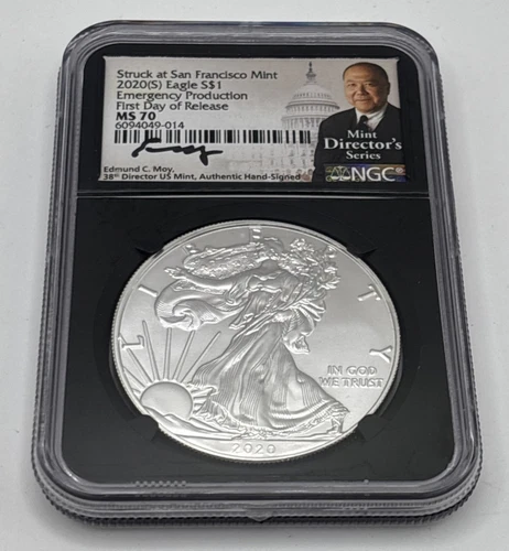 2020 S American Silver Eagle 1oz Emergency FDOI NGC MS70 Edmund Moy Signed