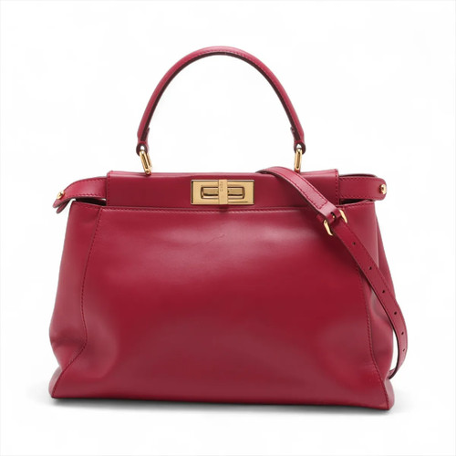 Fendi PEEKABOO REGULAR Leather x beads 2 Way Handbag Red 8BN226