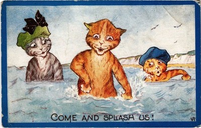 PC KATZEN IN MENSCHLICHEM KLEID BADEN IM MEER VINTAGE POSTKARTE (b69186)