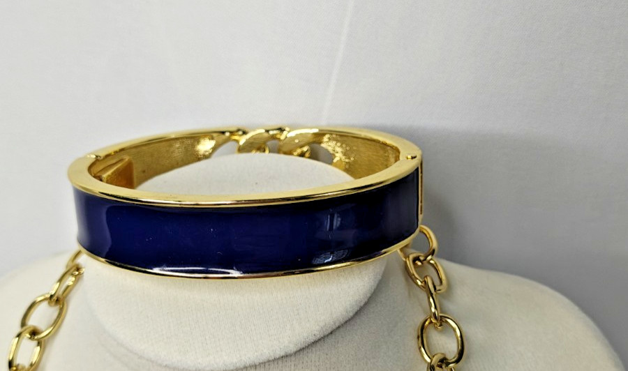 Kenneth Jay Lane Blue Enamel & Gold Tone Necklace & Bracelet Set Elegant Costume View 5