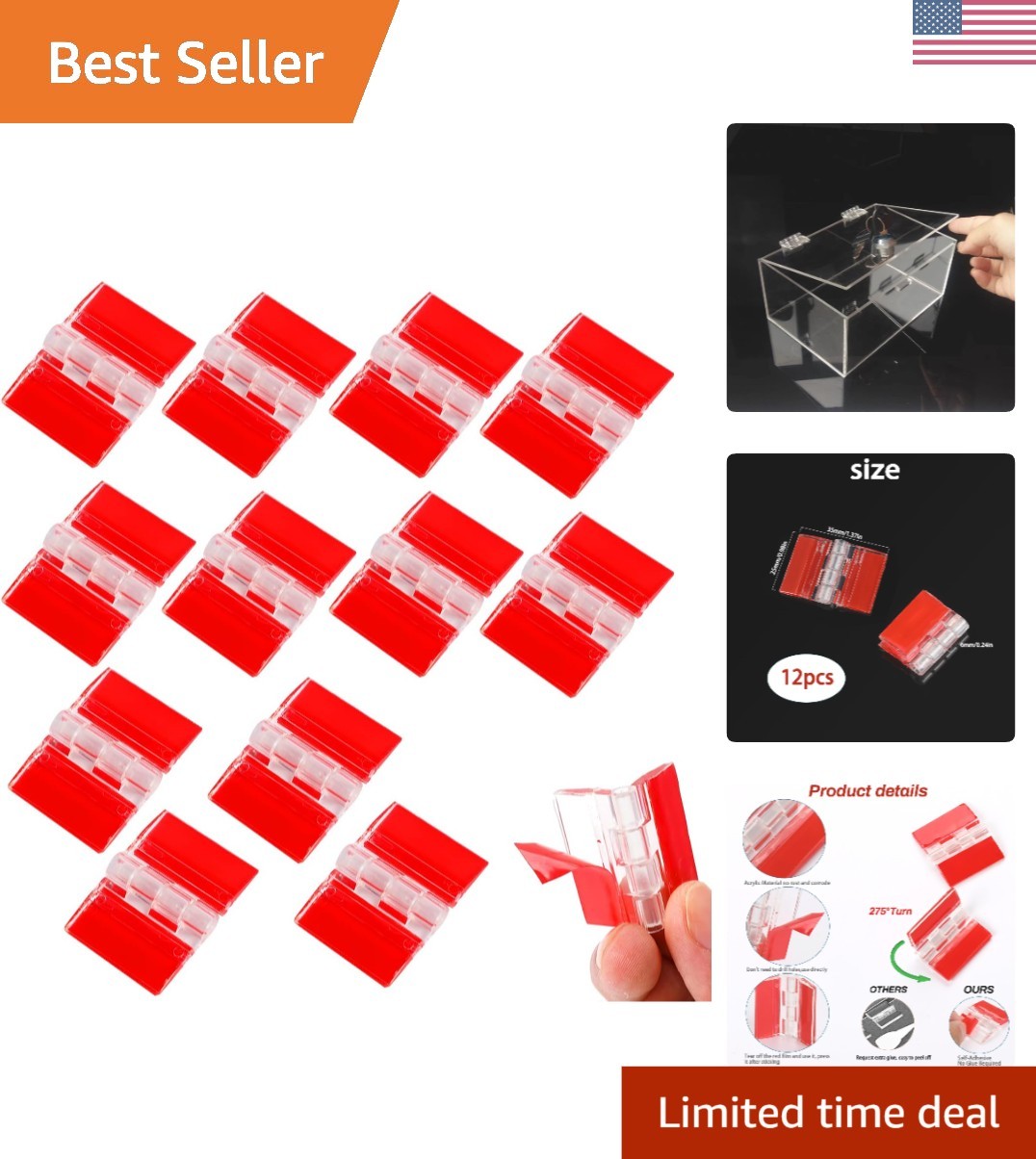 12 Pcs Compact Self-Adhesive Hinges - Clear Acrylic, Easy DI