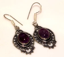 925 Silver Plated Natural Amethyst Ethnic Earrings Jewelry Size 1.8" JW