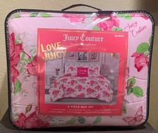 Juicy Couture Pink w/Roses & Butterflies QUEEN Set Comforter,Shams,Sheets,Pillow