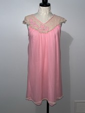 Vintage Avian Peignoir Pink Chiffon Lace V Neckline Negligee Nightgown Babydoll