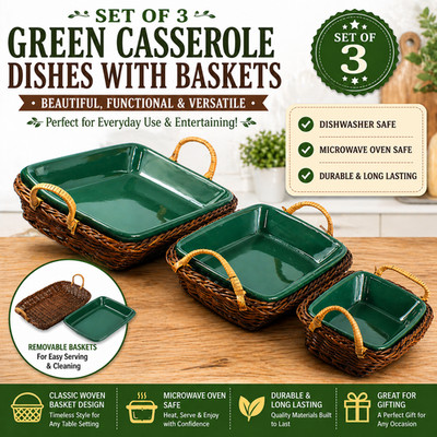 Set of 3 Green Casserole Dishes with Baskets Dishwasher Microwave Oven Safe Pans