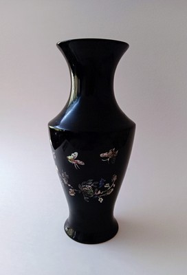 VTG Asian Laquer Wood Bud Vase Mother of Pearl Flower Design  Inlay 8 