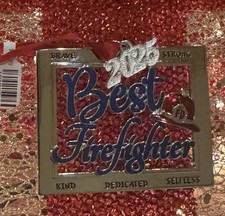 New Harvey Lewis Silver Best Firefighter Christmas Tree Ornament w Crystals