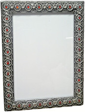 PHOTO FRAME Metal Silver-Tone- Red Beads- Scrolled for 5x7 Picture Tabletop H22