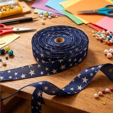 Ribbon for Home Decor 5 cm x 2m Blue Satin with Patriotic Star Elements