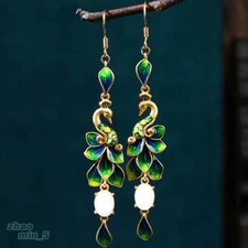 Vintage Gold Tone Peacock Earring Crystal Jade Drop Dangle Earrings Party Gifts