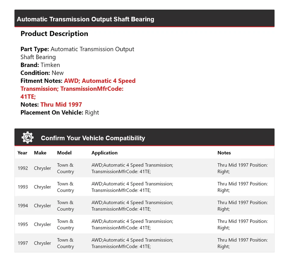 Cojinete de eje de salida Timken para Chrysler Town Country AT 1992-1995, 1997 Foto 2 de 4