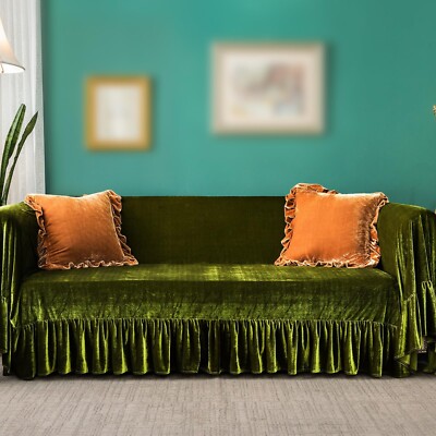 Velvet Sofa Cover Soft Decorative Luxurious Solid Exquisite Ruffle Trim,Retro...