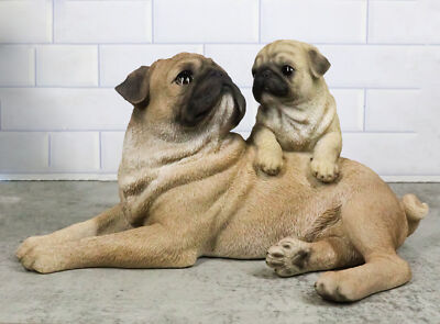 Realistic Adorable Canine Fawn Pug Mother Dog with Puppy Family Figurine 12''L