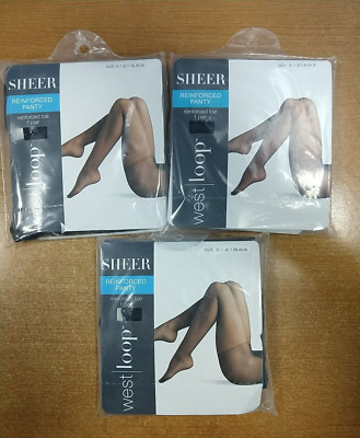 3 Pk: West Loop Sheer Reinforced Panty & Toe Pantyhose, Size B, Jet Blk  13E1856