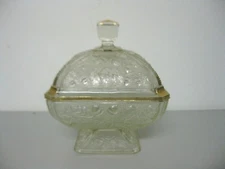 Pressed Glass Strawberry Pedestal Covered Candy Dish & Gold Accents 