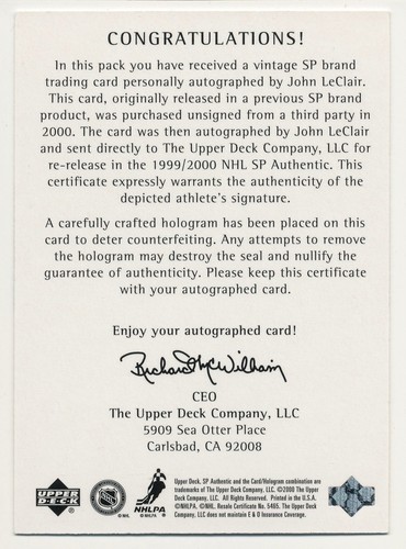 1999-00 Upper Deck SP Authentic JOHN LECLAIR Rare 1998-99 Buyback Auto #/100 - Bild 4 von 4
