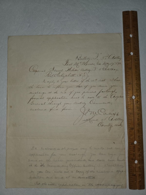 US Army 3rd Artillery letter Fort McPherson Georgia 1893 signed by officer