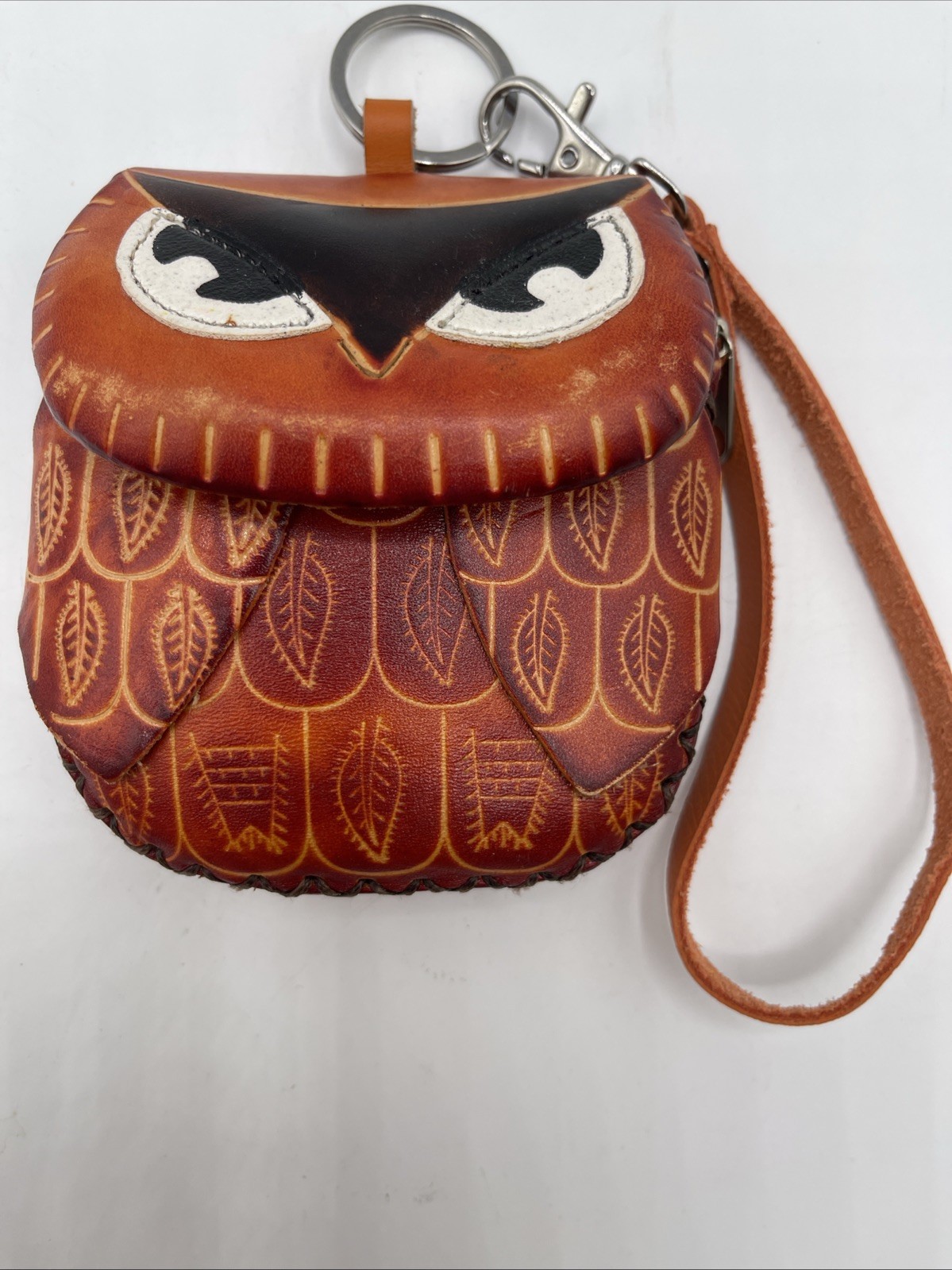 Owl Brown Leather Wristlet Wallet with Coin Purse and Key Ring