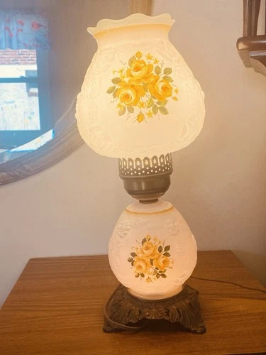 VTG  Milk Glass Hurricane Lamp Gone With The Wind Yellow Roses Embossed Frosted