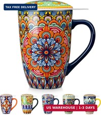 Ceramic Tea Mug with Infuser and Lid, 18 Ounce Bohemian Loose Leaf Cup, Microwav