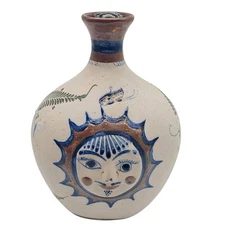 VTG Tonala Folk Art Pottery Vase Bottle Sun Face Hand Painted Mexico 9.5"
