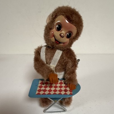 Vintage Wind-up Monkey Ironing Toy Brown Fur Tin Base