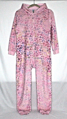 Children's Place Pink Fleece Leopard Print Hooded One Piece Pajama Girls XL 14