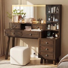 Escritorio tocador de maquillaje con espejo grande y luces, mesa de tocador de madera grande 5 cajones