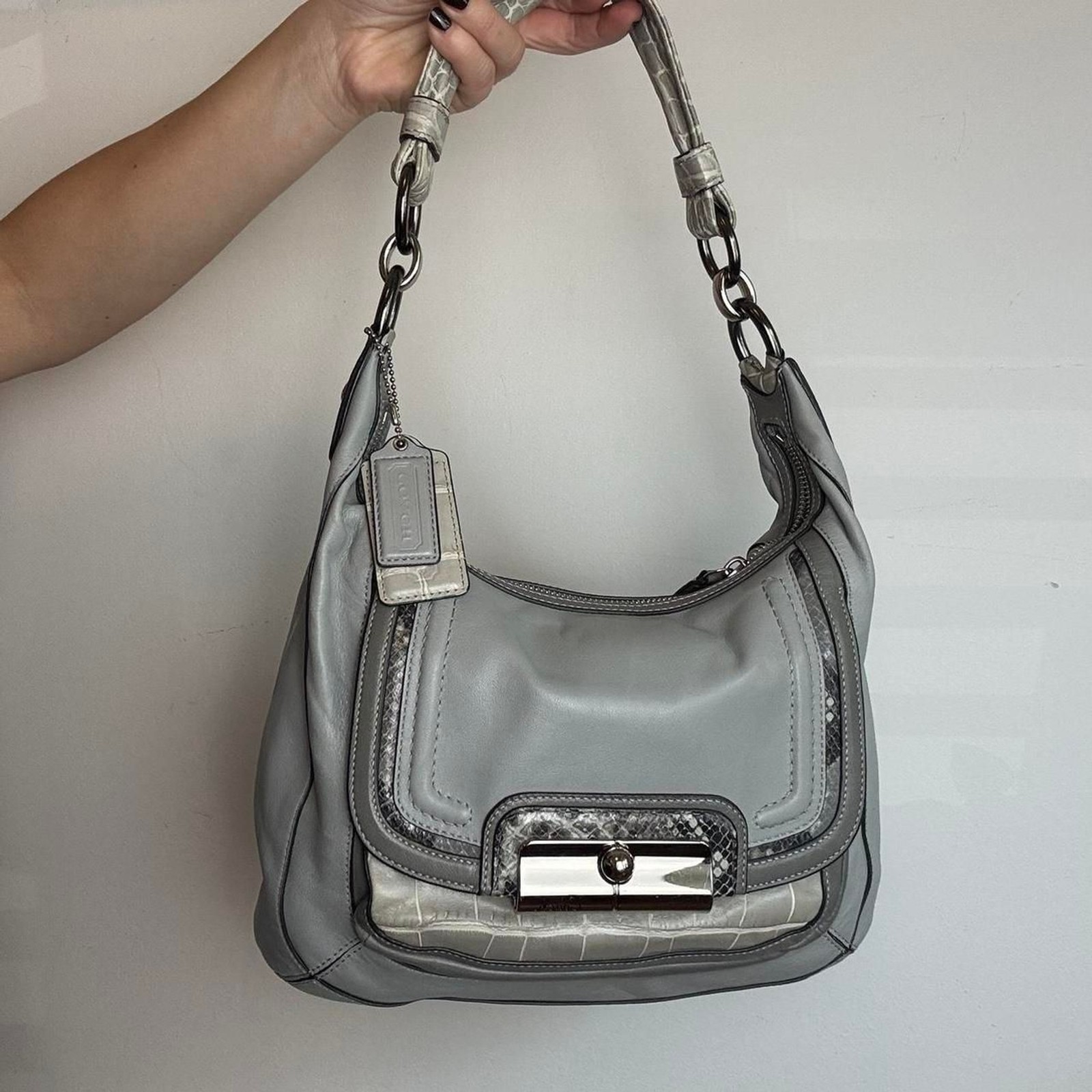 Coach Vintage Grey Leather Hobo Shoulder Bag with Silver Hardware