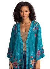 Johnny Was Turquoise Kimono Med Jacket Floral Tassels Embroidered NEW Tags Rare