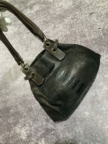 Vintage Dolce & Gabbana Distressed Brown Suede Leather Crocodile-Embossed Bag - Picture 12 of 17