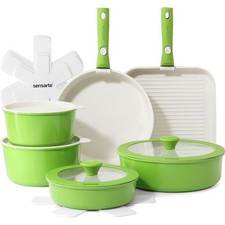 Space-Saving 17-Piece Ceramic Pots and Pans Set with Removable Handles - Green