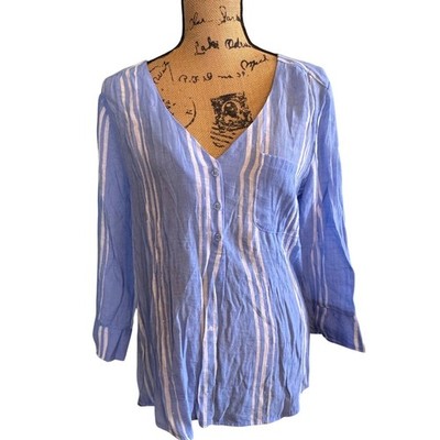Fred David Women Casual Beach Button Up Preppy Striped Blouse Top Blue Large