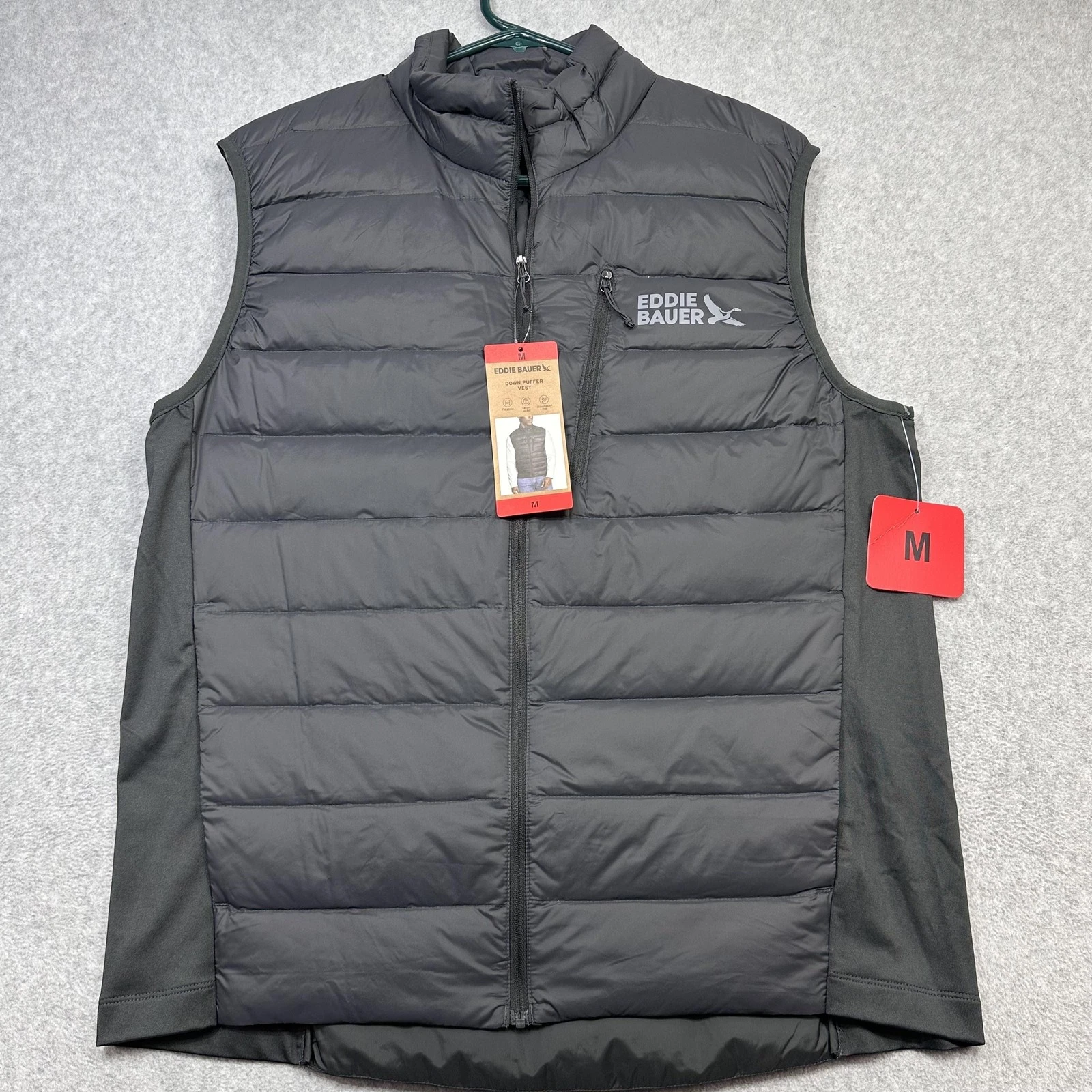 Eddie Bauer Vest Mens Medium Gray Down Puffer 550 Fill Full Zip Pockets 1798831