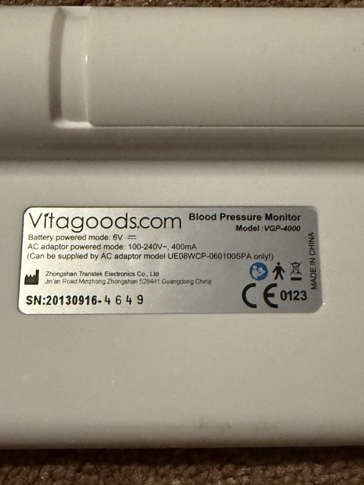 Upper Arm Vitagoods Blood Pressure Monitor VGP-4000