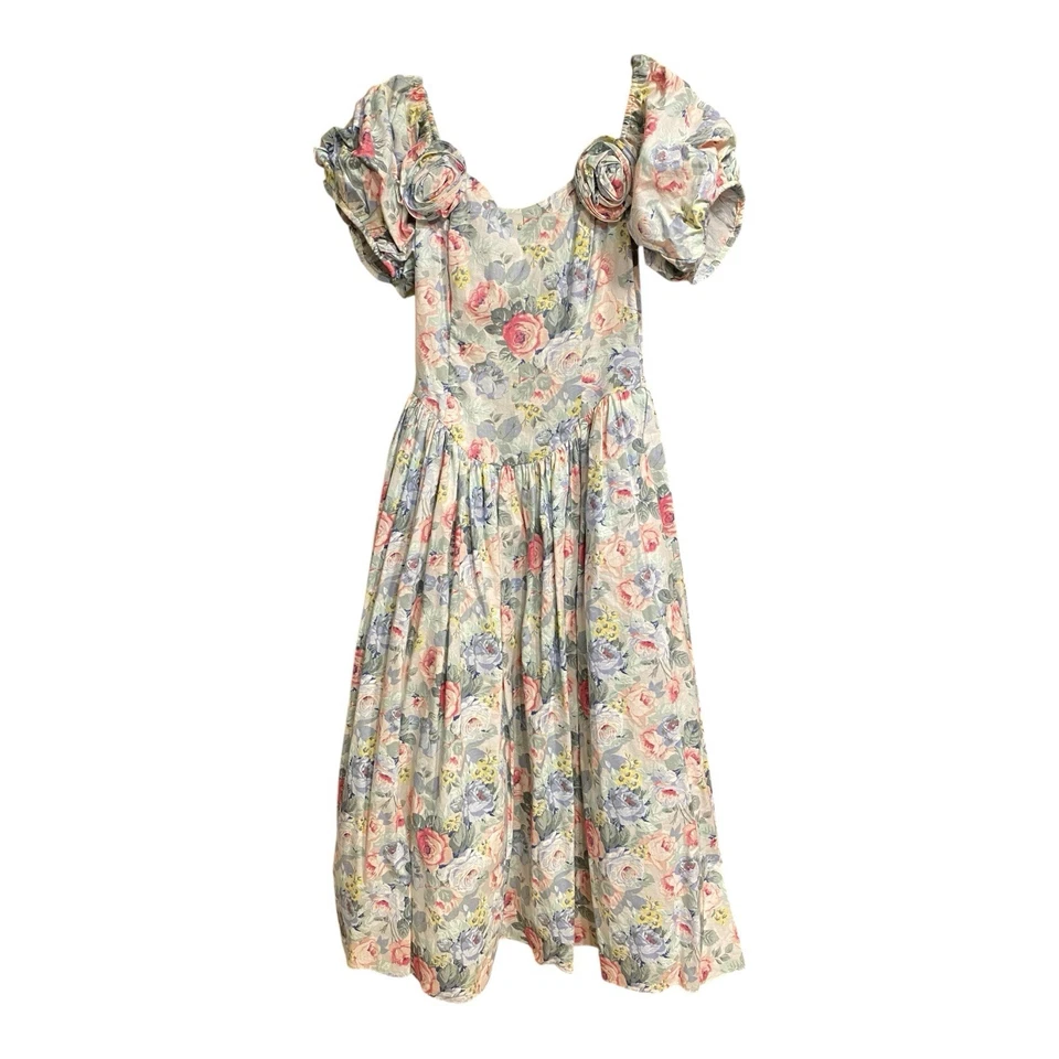 Vestido Jessica McClintock Vintage Años 80 6 Floral Fiesta Algodón Lazo Cottagecore Años 90 Foto 2 de 4