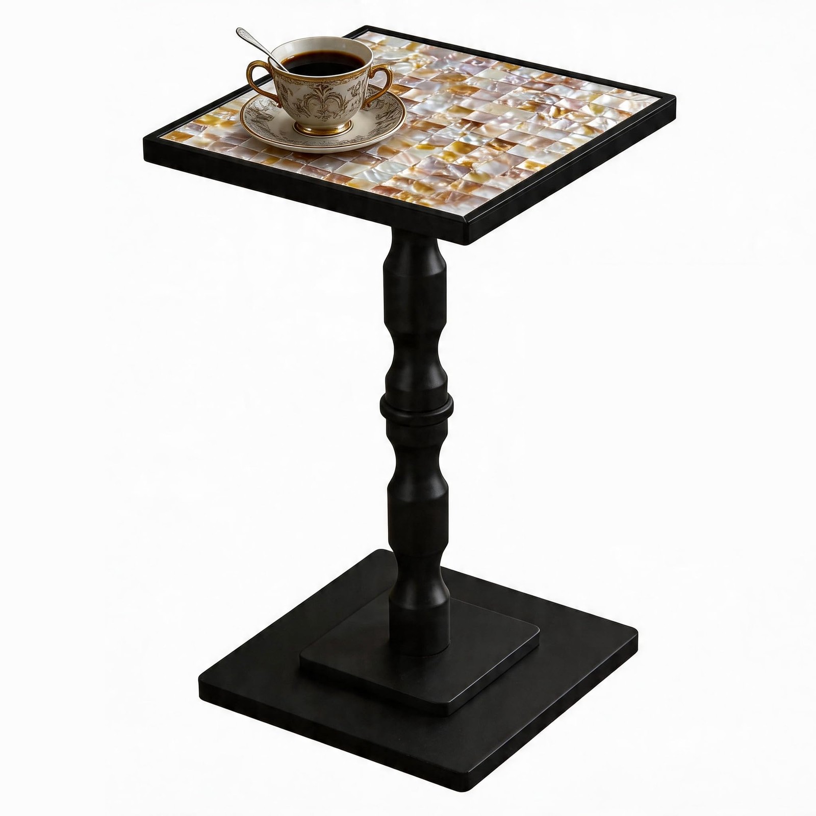 Textured Table Leg Mosaic Shell Accent Side Table with Wood Leg – Handcrafted Small End ...