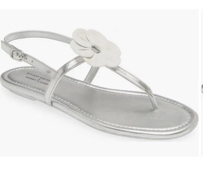 NIB STUART WEITZMAN X Sandy Liang T-strap Slingback Sandal In Silver Size 7