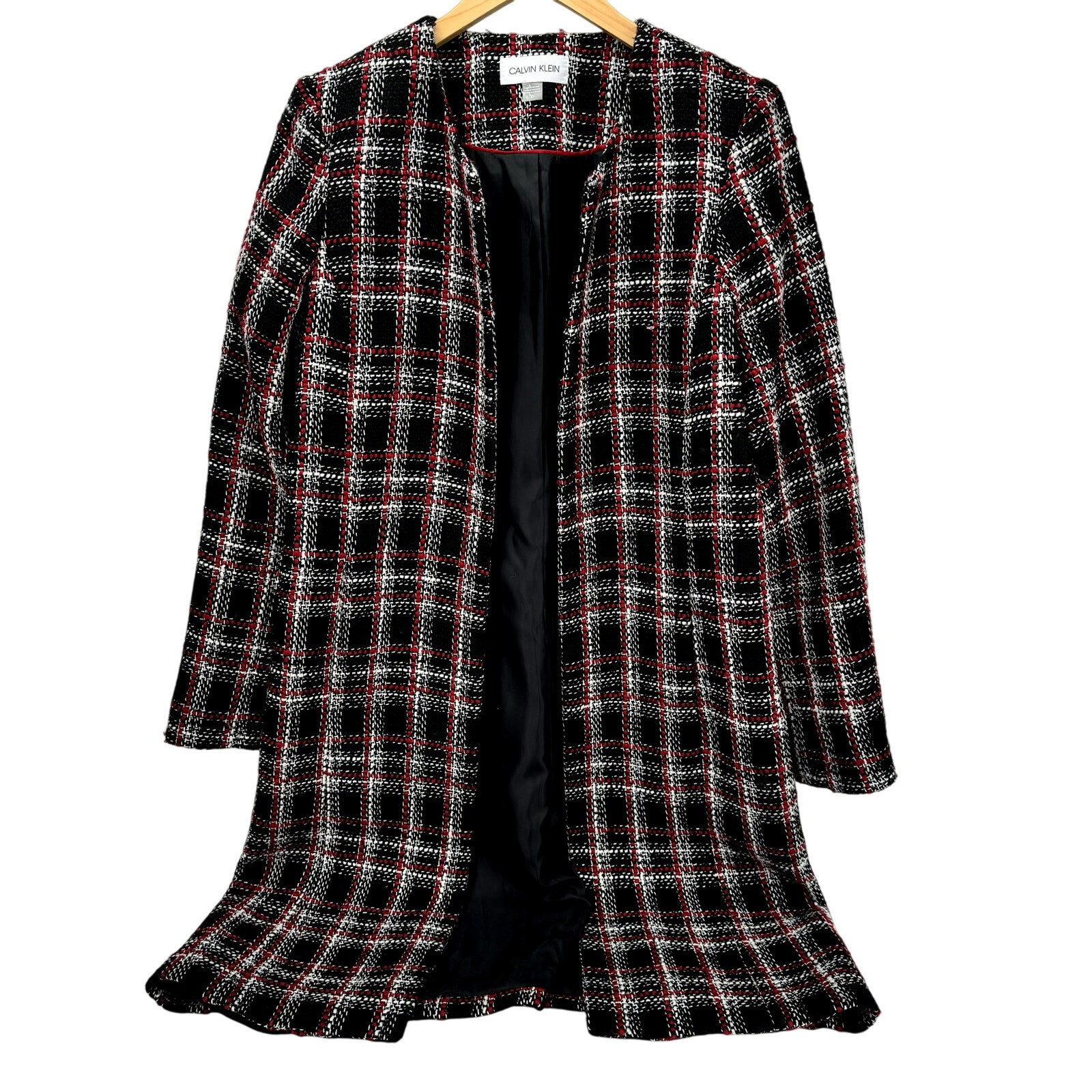 Calvin Klein Jacket Womens 10 Open Tweed Long Duster Black Red Plaid + Pockets