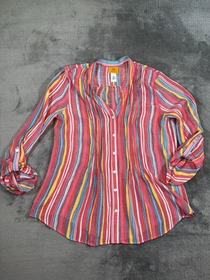 Ruby Rd Womens Button Up Shirt Medium Pink Multicolor Stripe Popover Sheer