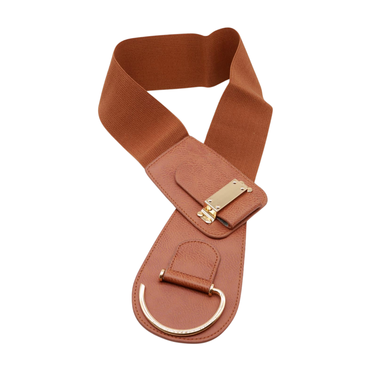 Women Gold Metal Hook Buckle Waist Hip Brown Stretch Elegant 