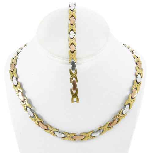 Trendy 3 Tone Hugs & Kisses Necklace Bracelet Skinny Round Earring Set XOXO - Picture 2 of 3