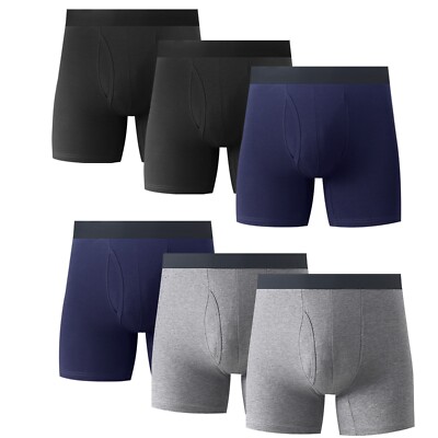 6PK Mens Cotton Boxer Briefs Underwear Tagless Soft Comfort Waistband With Fly