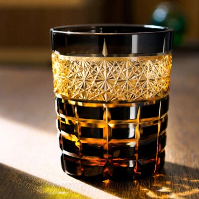 UNMARKED Edo Kiriko Crystal Whiskey Glasses Hand Cut To Clear Black 9oz Gift Packing