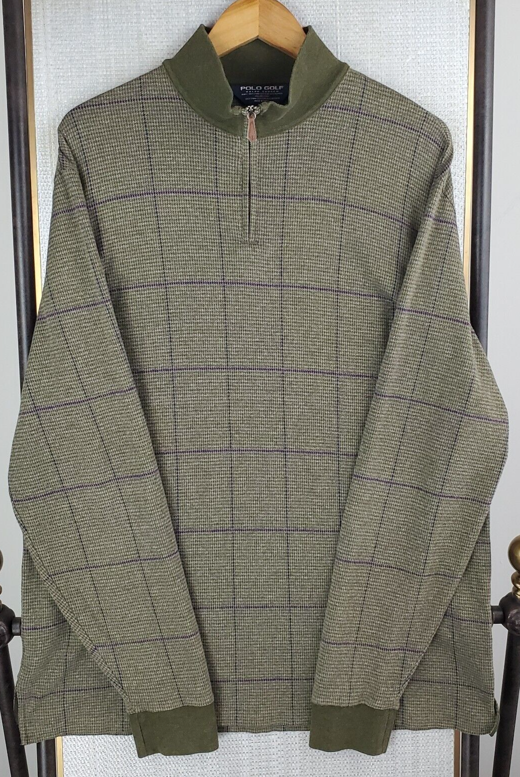 PONY POLO GOLF Taglia Large Uomo 1 4 Zip Pima Alpaca Verde Piede di Poule Finestra RL