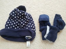 GAP GIRL BEANIE POM FLEECE HAT GLOVES MITTENS SET NAVY BLUE Sz S M NWT 30